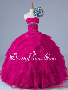 2015 Popular Strapless Beaded Quinceanera Gowns in Fuchsia