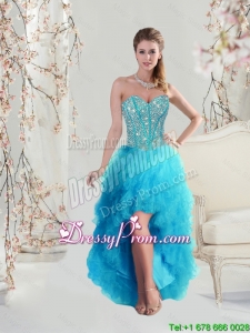 2016 Beautiful Sweetheart Beaded and Ruffles Turquoise Prom Dresses High Low