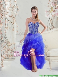 2016 Cheap Beaded and Ruffles High Low Dama Dresses in Royal Blue