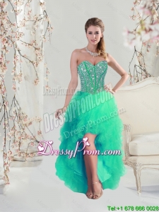 Comfortable High Low Beaded and Ruffles Apple Green Prom Dresses for 2016