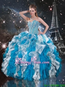 2016 Fabulous Beaded White and Blue Sweet 16 Gowns with Ruffles