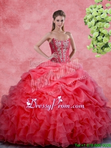 2015 Fall Popular Beaded and Ruffles Quinceanera Gowns in Coral Red