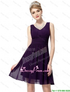 Beautiful V Neck Dark Purple Prom Dresses 2015 with Ruching