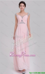 Elegant Empire Off The Shoulder Cap Sleeves Pink Prom Dresses 2016 with Beading