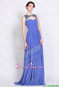 Pretty Bateau Zipper Up Blue Prom Dresses 2016 with Brush Train