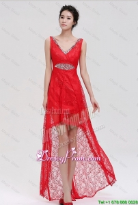 Pretty V Neck Laced and Beaded Red Prom Dresses 2016 with High Low