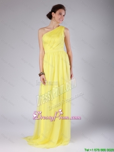 Elegant One Shoulder Sashes Yellow Prom Dresses with Sweep Train for 2016