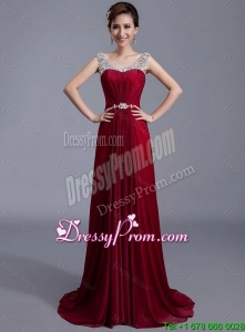 Cheap Brush Train Scoop Zipper Up Prom Dresses in Wine Red
