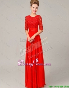 Fashionable Scoop Laced Red Prom Dresses with Half Sleeves