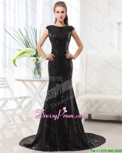 Beautiful Column Bateau Brush Train Sequins Prom Dresses in Black