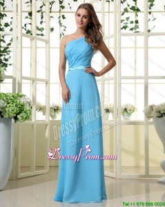 Best One Shoulder Belt and Ruffles Aqua Blue Long Prom Dresses