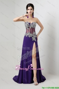Popular Brush Train Prom Dresses with Beading and High Slit