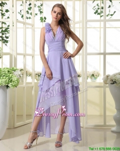 Pretty Empire V Neck Prom Dresses with High Low in Lavender