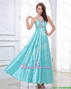 Gorgeous Halter Top Beading Ankle Length Aqua Blue Prom Dresses