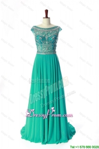 Bateau Beading Brush Train Prom Dress in Turquoise On Sale