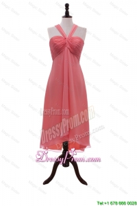 Affordable Halter Top Coral Red Short Prom Dresses with Ruching