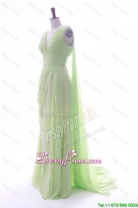 Romantic Empire V Neck Ruching and Pleats Prom Dresses with Watteau Train