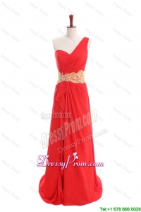 Sexy Appliques and Ruffles One Shoulder Prom Dresses with Sweep Train