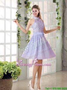 Beautiful A Line High Neck Lace Dama Dresses with Lavender