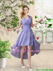 Beautiful Halter Top Ruched Dama Dresses with High Low