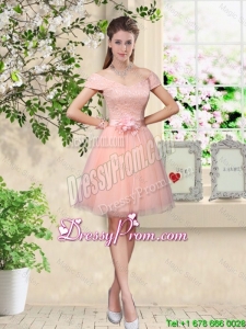 Discount Off the Shoulder Hand Made Flowers Dama Dresses in Baby Pink