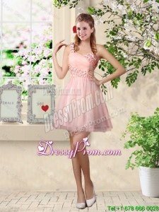 Affordable A Line One Shoulder Appliques Prom Dresses in Pink