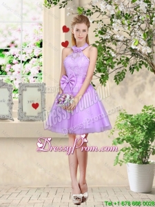 Feminine Halter Top Laced and Bowknot Prom Dresses in Lavender