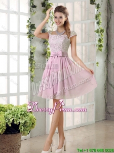 Popular A Line Square Lace Prom Dresses with Bowknot