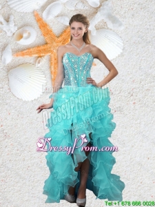 Popular Beaded Sweetheart Aqua Blue Dama Dresses with High Low