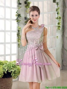 Discount A Line One Shoulder Pink Prom Dresses with Bowknot