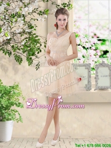 Pretty One Shoulder Champagne Prom Dresses with Appliques and Belt