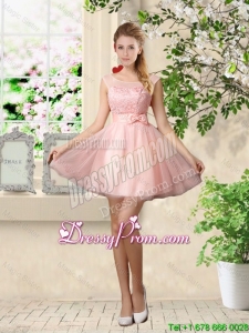 Sturning A Line Bateau Prom Dresses with Lace and Bowknot