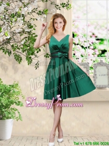 Wonderful V Neck Bowknot Hunter Green Prom Dresses with Knee Length