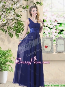 Wonderful Ruched Navy Blue Prom Dresses with V Neck