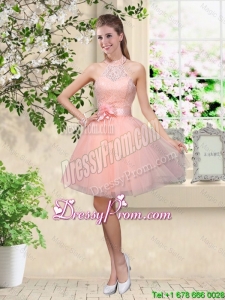 Artistic Halter Top Appliques and Laced Prom Dresses in Baby Pink