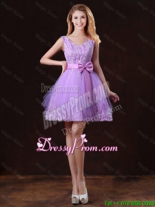 Discount V Neck Tulle Prom Dresses with Bowknot