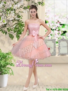 Popular Strapless Mini Length Prom Dresses with Appliques and Bowknot