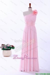 Custom Made Empire One Shoulder Hand Made Flowers Prom Dresses in Baby Pink