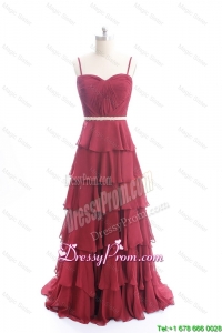 Exclusive Brush Train Belt and Ruffled Layers Prom Dresses in Wine Red