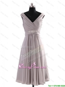 Most Popular V Neck Short Beading Grey Prom Dresses for Graduation