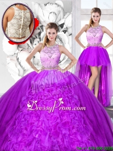 Perfect Beaded and Ruffles Detachable Sweet 16 Dresses with Scoop