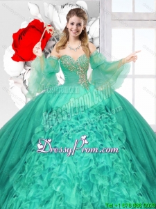 Popular Beaded Turquoise Quinceanera Gowns with Ruffles