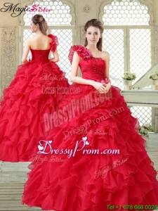 Beautiful One Shoulder Ruffles Quinceanera Gowns in Red