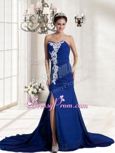 Best Ruching and Appliques Chiffon Sweetheart Prom Dress in Royal Blue