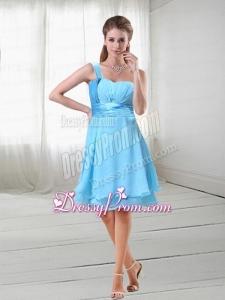 Light Blue Chiffon One Shoulder Ruched Homecoming Dress with Knee Length