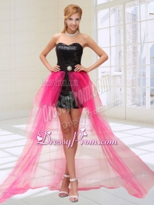 Lovely Hot Pink and Black High Low Celebrity Dress with Beading and Sequins