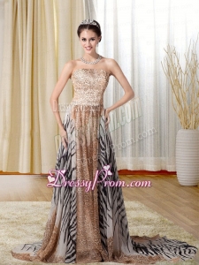 Modest Multi-color Strapless Prom Dress with Leopard Print