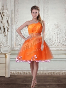 Pretty Orange Beaded Organza One Shoulder Cocktail Dress in Mini Length