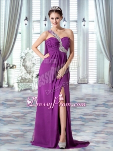Sexy One Shoulder High Slit Beading and Ruching Prom Dress in Purple