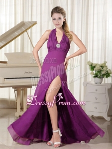 2015 Halter Top Deep V Neck Purple Prom Dress with High Slit